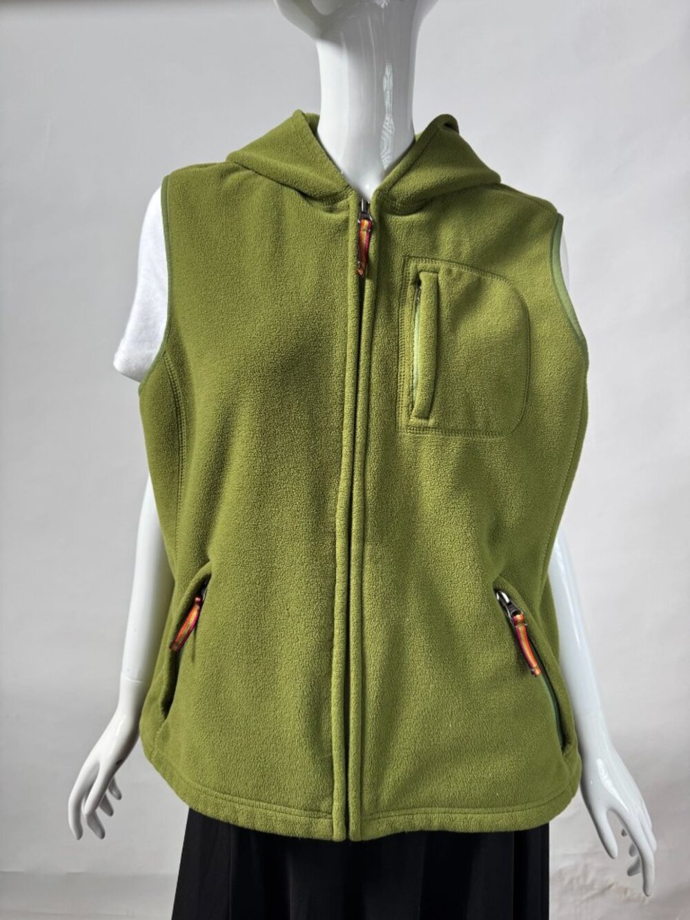 Eddie Bauer Womens Green Fleece Hooded Vest XL Full Zip Pockets Soft Polyester
